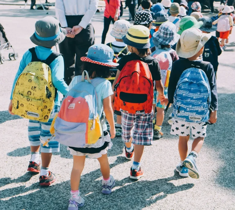 Students with backpacks walking together on a school trip