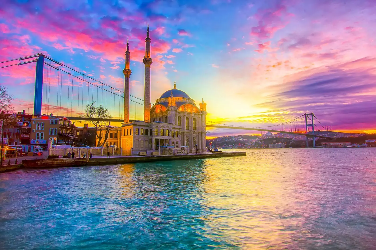 Ortakoy Mosque and the Bosphorus Bridge in Istanbul at sunset