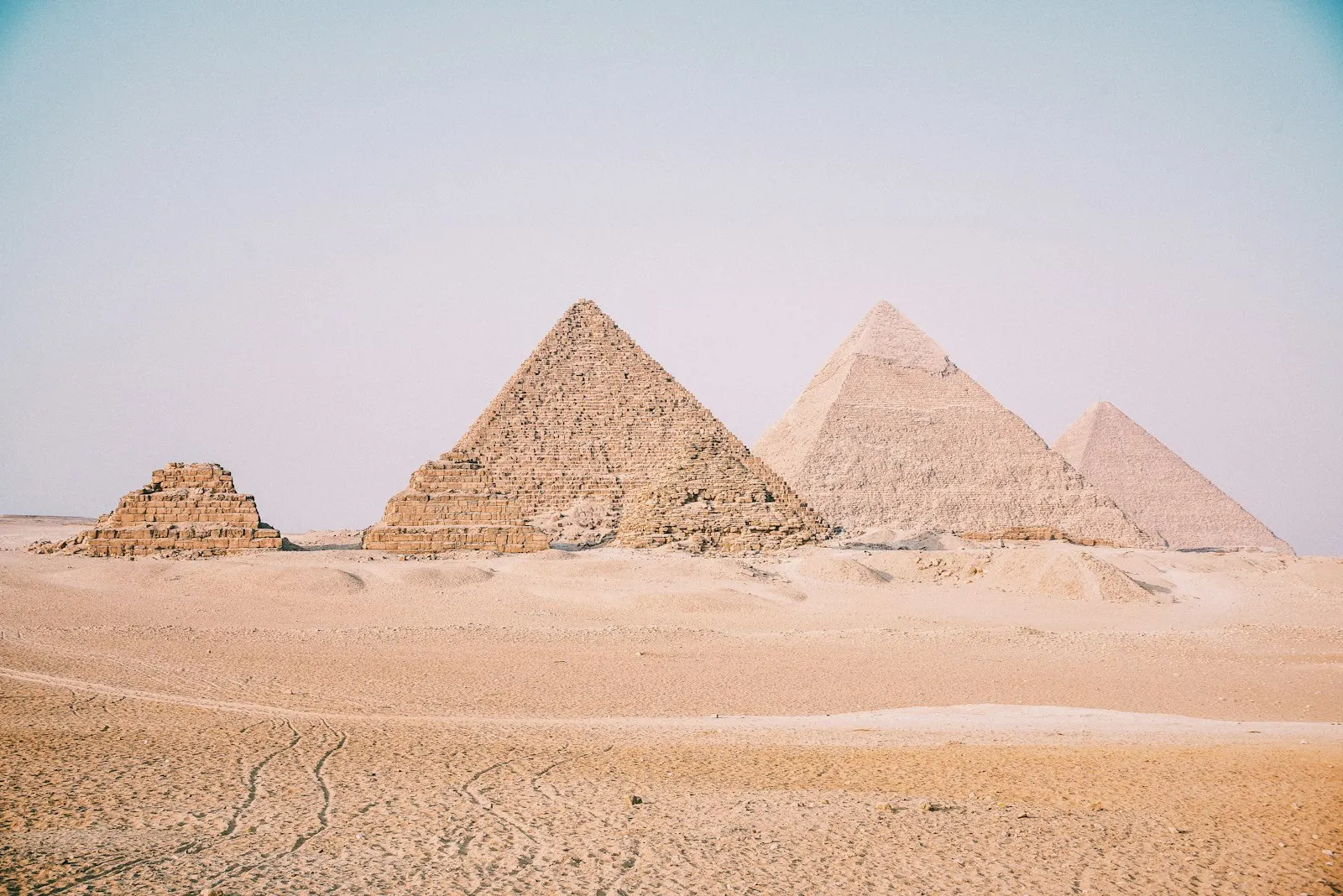 The Pyramids of Giza in the desert near Cairo, Egypt