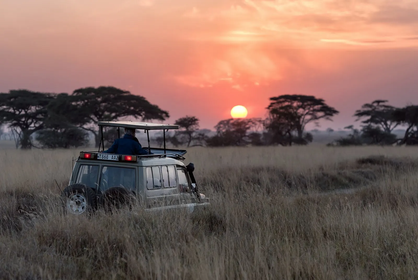 Safari vehicle on the savanna at sunset