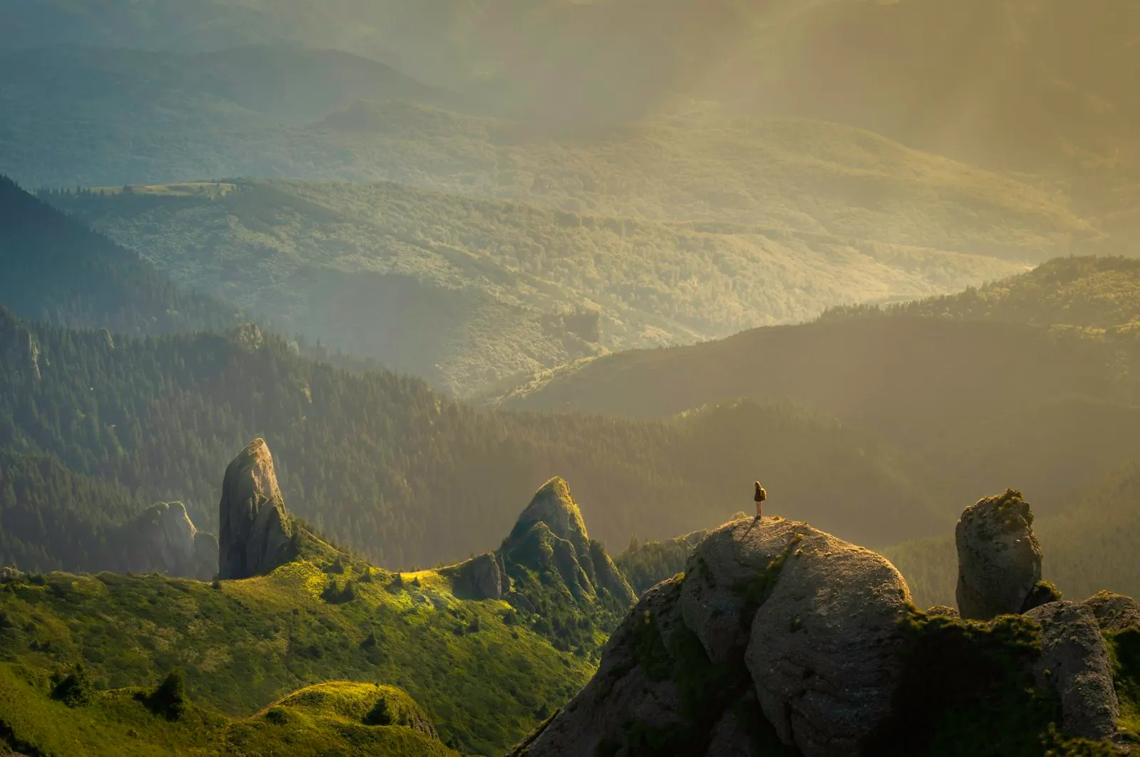 Traveler above a green valley at sunrise